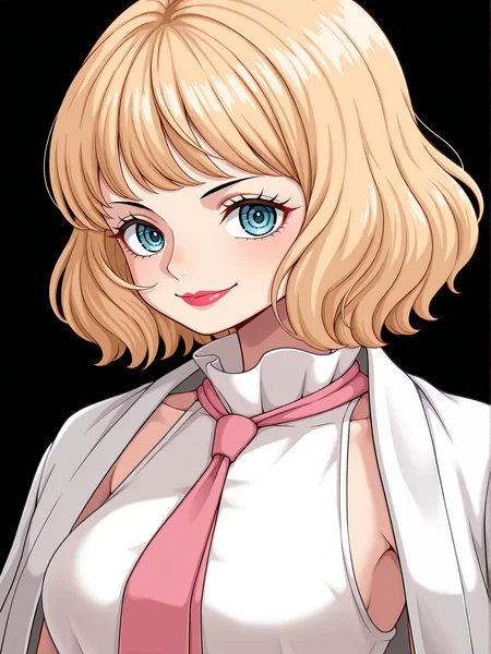 <lora:Stussy Illu:1>
1girl, solo,
5tussy, blonde hair, blue eyes, short hair, lipstick, makeup,
portrait, pink necktie, white dress, sleeveless, smile, looking at viewer,  white coat, jacket on shoulders,
upper body,, masterpiece, best quality, amazing quality,, (simple background, black background:1.5),