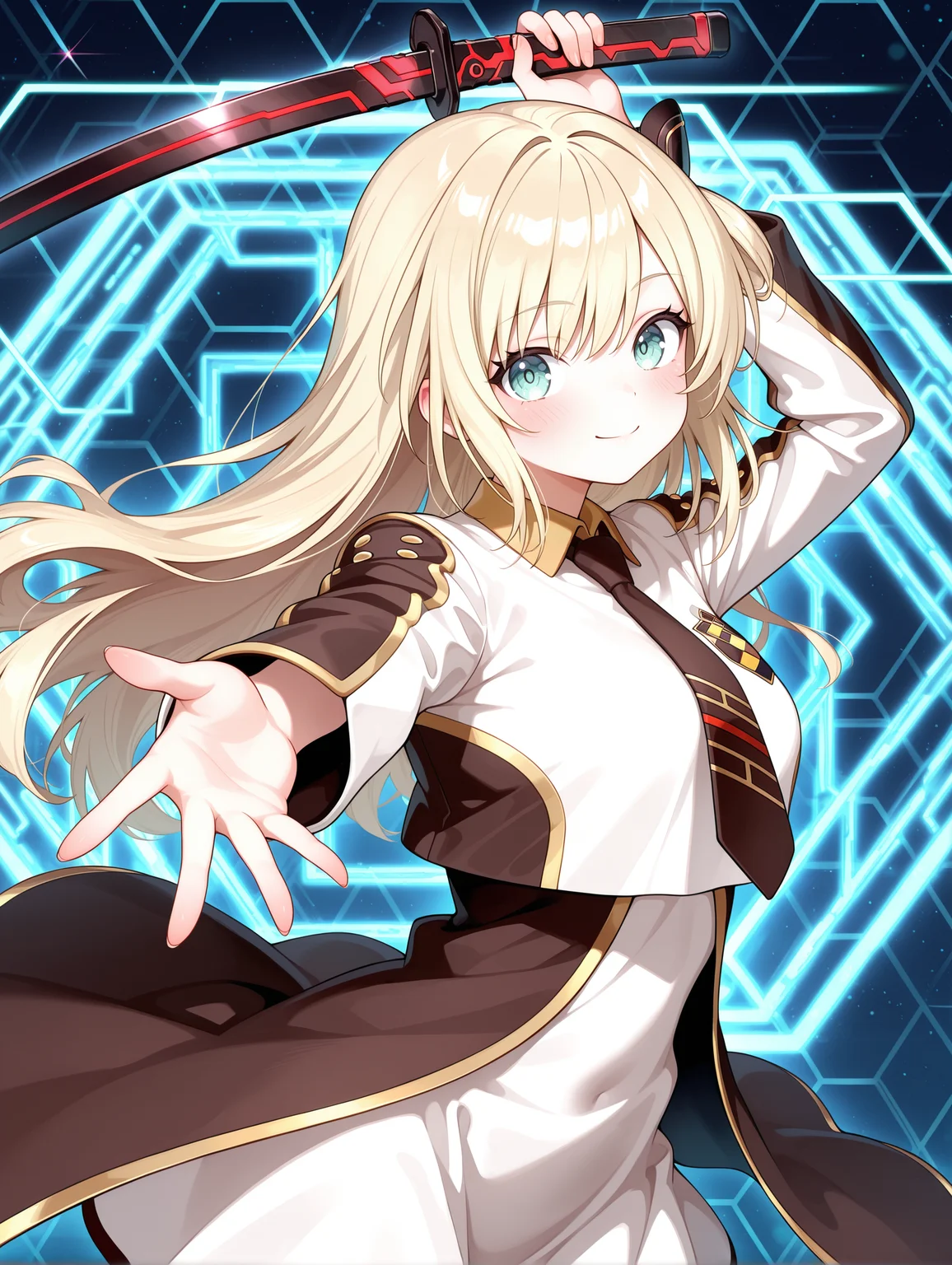 sky striker ace - raye, ordinary uniform, holding black katana, 1girl, black katana, solo, smile, looking at viewer, blush, blue honeycomb \(pattern\), brown hair ornament, white cropped jacket, brown waist cape, white collared dress, brown necktie, outstretched hand, sword over shoulder,
masterpiece,best quality,amazing quality,very aesthetic,absurdres,newest,<lora:Sky striker ace - Raye illusXL v1:0.75>,