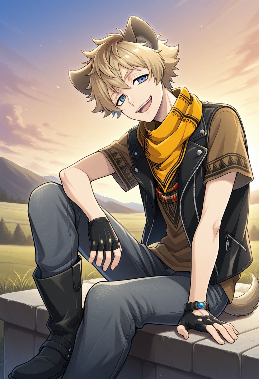 masterpiece,best quality,amazing quality, source_anime,
RuggieBucchi, 1boy, animal ears, male focus, blue eyes, solo, sitting, sky, looking at viewer, smile, outdoors, open mouth, blonde hair,, dorm uniform, neckerchief, shirt, brown shirt, short sleeves, jewelry, necklace, jacket, cropped jacket, sleeveless jacket, open jacket, gloves, black gloves, fingerless gloves, denim, tail, boots, black footwear,
