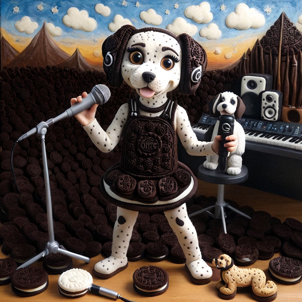 dog girl dressed in an elaborate collection of made of creamy cookies covering her in a majestic way holding microphone, music studio, painting of cute cookies, pg safe