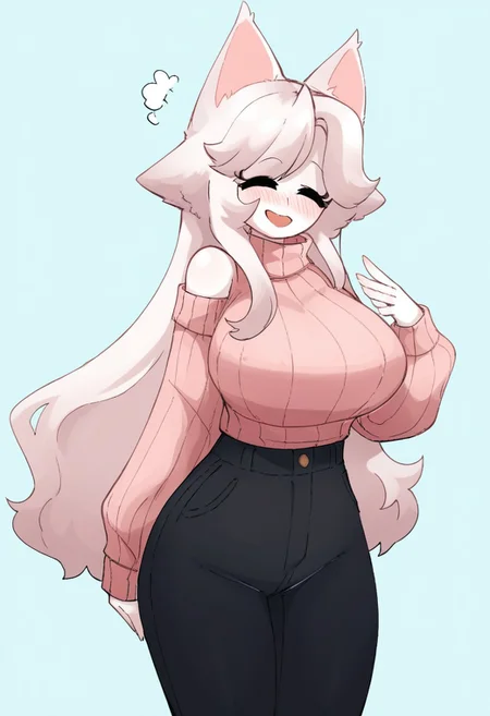 score_9, score_8_up, score_7_up, milkshaketacat, closed eyes, snout, blush, solo, very long hair, standing, large breasts, black pants, sweater, happy, colored skin, pink sweater, animal ears