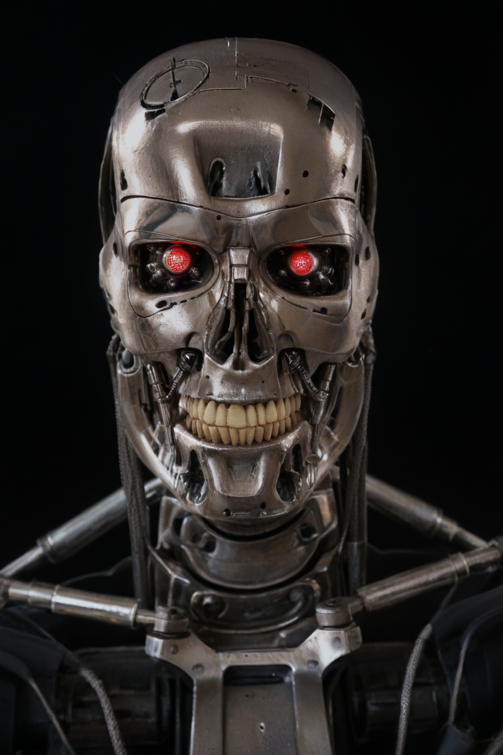 T800_Endo, Terminator robot, score_9, score_8_up, score_7_up, (source_IRL, source_movie), cinematic, realistic, masterpiece, high quality, highres RAW photo, ((close-up shot, close-up head shot, front view))
((an UpgradedT800_Endo Terminator Robot)) with red eyes, he is made of metal, he is made of shiny chrome metal, new, clean, <lora:T800_Endo_Terminator_Pony_v1-000019:1>
(standing)
black background
dynamic lighting, highly detailed, intricate details, shadows