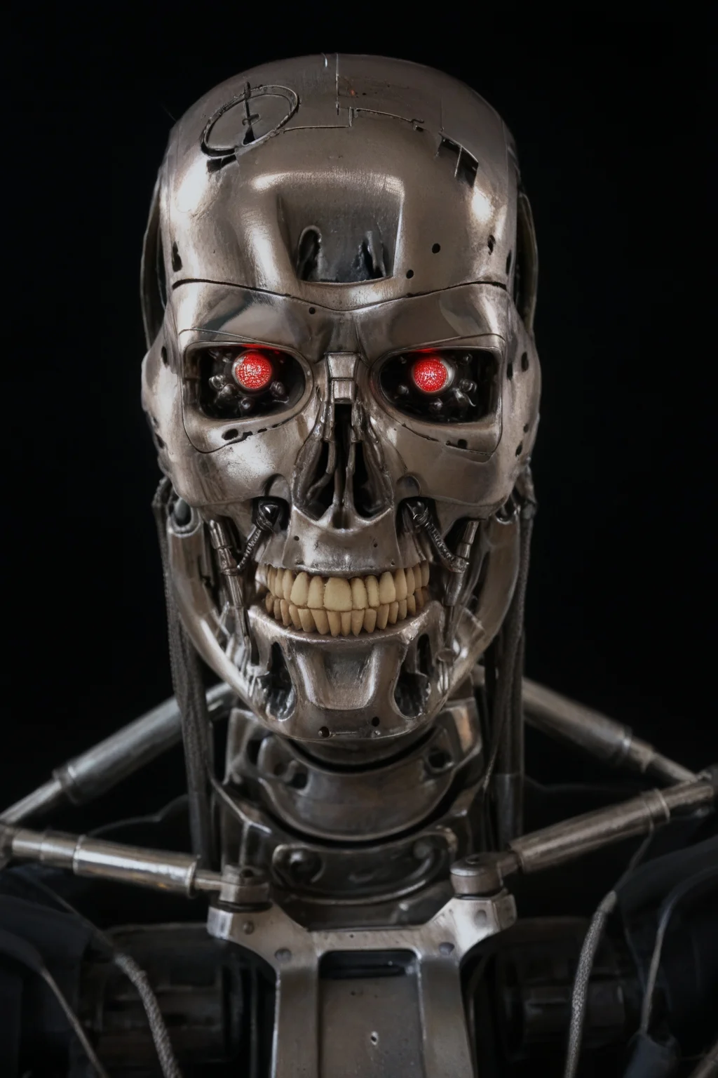 T800_Endo, Terminator robot, score_9, score_8_up, score_7_up, (source_IRL, source_movie), cinematic, realistic, masterpiece, high quality, highres RAW photo, ((close-up shot, close-up head shot, front view))
((an UpgradedT800_Endo Terminator Robot)) with red eyes, he is made of metal, he is made of shiny chrome metal, new, clean, <lora:T800_Endo_Terminator_Pony_v1-000019:1>
(standing)
black background
dynamic lighting, highly detailed, intricate details, shadows