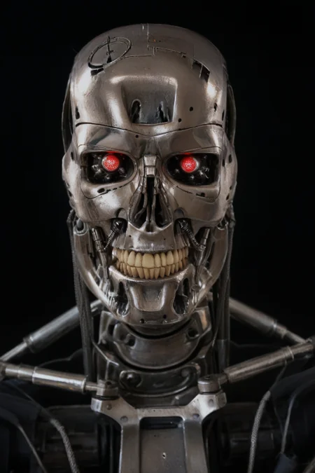 T800_Endo, Terminator robot, score_9, score_8_up, score_7_up, (source_IRL, source_movie), cinematic, realistic, masterpiece, high quality, highres RAW photo, ((close-up shot, close-up head shot, front view))
((an UpgradedT800_Endo Terminator Robot)) with red eyes, he is made of metal, he is made of shiny chrome metal, new, clean, <lora:T800_Endo_Terminator_Pony_v1-000019:1>
(standing)
black background
dynamic lighting, highly detailed, intricate details, shadows