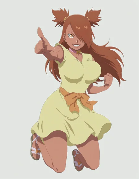 perfect composition, shadows, shading, full body, solo, <lora:vslinxtybwbleach:1> vslinxbleachtybw style <lora:anime_screencap-Illustrious:0.8> anime screencap, anime coloring, very aesthetic, absurdres, zPDXL, <lora:Pony_DetailV2.0:0.5> <lora:illustrious_quality_modifiers_masterpieces_v1:1>
<lora:ch0ch0:1> ch0ch0, 1girl, dark-skinned female, hair_bobbles, hair covering one eye, earring, b_choker, female focus, looking at viewer, smile, teeth, defined lips, glossy lips, pointing at viewer, posing, midair, jumping, bent knees, Pidgeon legged,
<lora:bouncing-breasts-ponyxl-lora-nochekaiser:0.8> bouncing breasts, unaligned breasts, motion blur, motion lines, yellow dress, orange bow, sandals,
white background, simple background,