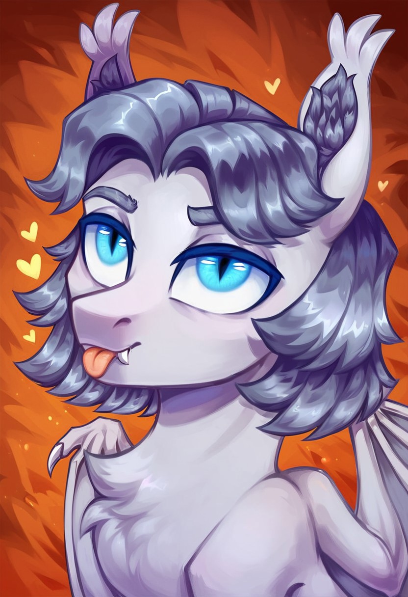 score_9_up, score_8_up, score_7_up, score_6_up, (best quality:1.1), ultra-detailed, high resolution, solo, Armed_Sage, bat pony, bat pony oc, mlp, feral, male, white fur, gray hair, gray mane, medium hair, animal ears, fluffy ears, ear fluff, blue eyes, long eyelashes, (sexy expression, cute face:1.3), tongue out, :p, sharp teeth, fang out, looking at viewer, naked, fluffy chest, upper body, portrait, abstract background, (hearts around, <3), highly visible, sharp focus, anatomically correct, romantic atmosphere
