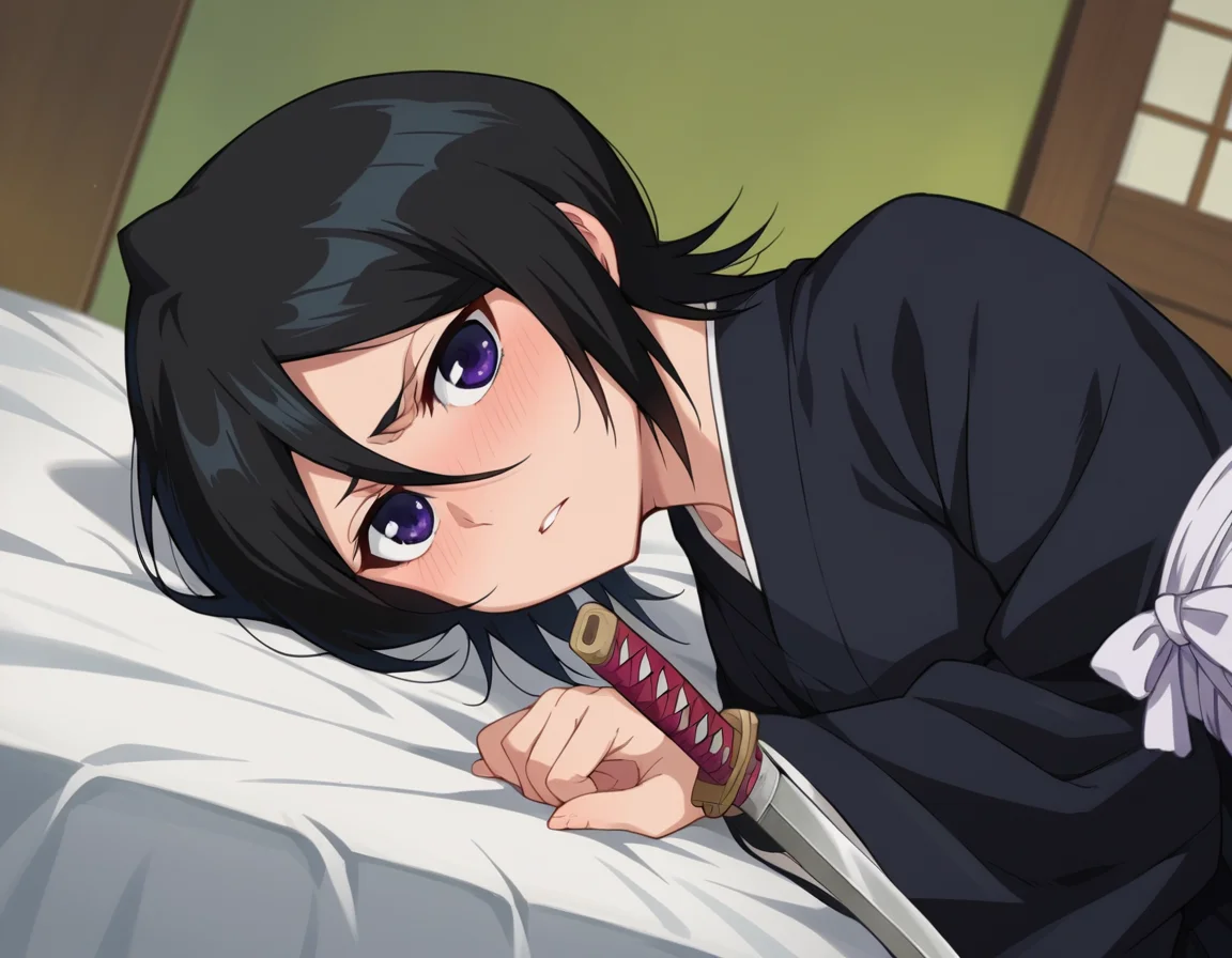 score_9, score_8_up, score_7_up, source_anime,
rukiakuchiki, <lora:rukia-kuchiki-ponyxl-lora-nochekaiser:1>,
rukia kuchiki, black hair, hair between eyes, purple eyes, short hair,
weapon, japanese clothes, sword, kimono, katana, sheath, hakama, black kimono, long sleeves, wide sleeves,
indoors, bed, bed room, on side, blush, drunk,
looking at viewer, dutch angle, cowboy shot,