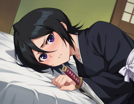 score_9, score_8_up, score_7_up, source_anime,
rukiakuchiki, <lora:rukia-kuchiki-ponyxl-lora-nochekaiser:1>,
rukia kuchiki, black hair, hair between eyes, purple eyes, short hair,
weapon, japanese clothes, sword, kimono, katana, sheath, hakama, black kimono, long sleeves, wide sleeves,
indoors, bed, bed room, on side, blush, drunk,
looking at viewer, dutch angle, cowboy shot,