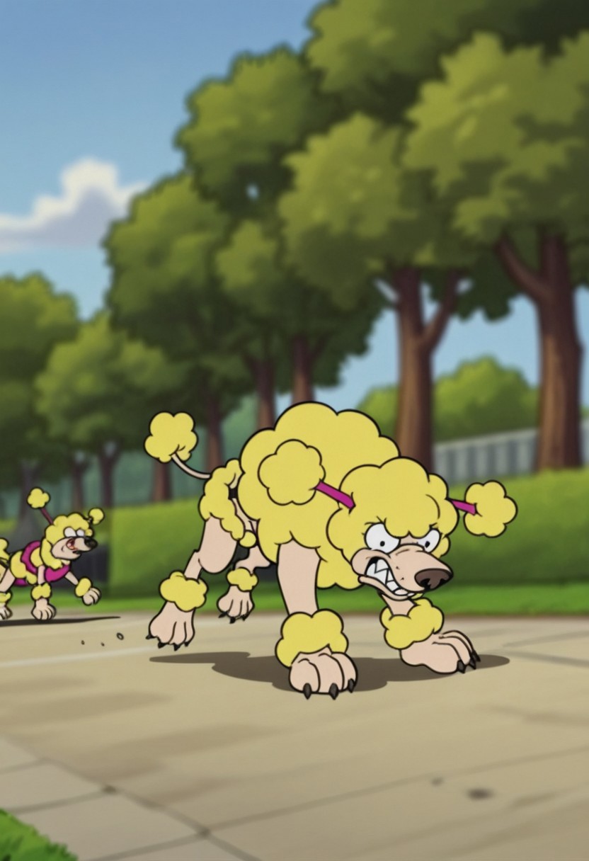 masterpiece,best quality,amazing , ValerTransform , valdog, no humans , running in the park , 
cartoon_Style, posing in  Park , impressionism , high detail , depth of field