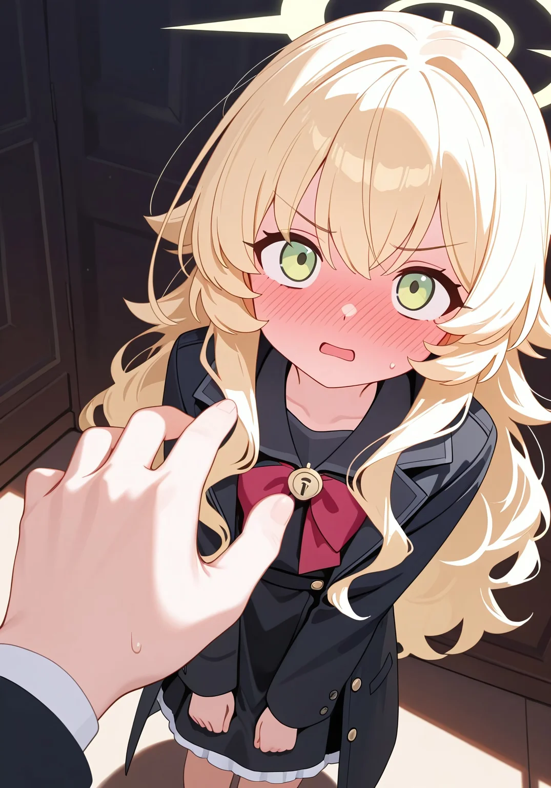(best quality,8K, masterpiece：1.3),anime,very aesthetic, absurdres，featured ，finely detail，((extremely detailed,8k wallpaper)),illustration,Amazing,highres,intricate detail,female focus, (beautiful detailed girl)，dynamic pose, delicate facial features, soft lighting, clean lineart, anime style, 

professor niyaniya (blue archive)，(black dress,double-parted bangs,long sleeves,sidelocks,emerald green eyes,blonde hair,yellow halo,open coat,black coat:1.3)，

dutch_angle,pov, pov_hands, shy, profile, angry, headpat, head tilt, assertive female, rectangular mouth, narrowed eyes, pov, hand pov, solo focus, full-face blush,avoid eyes,from above,