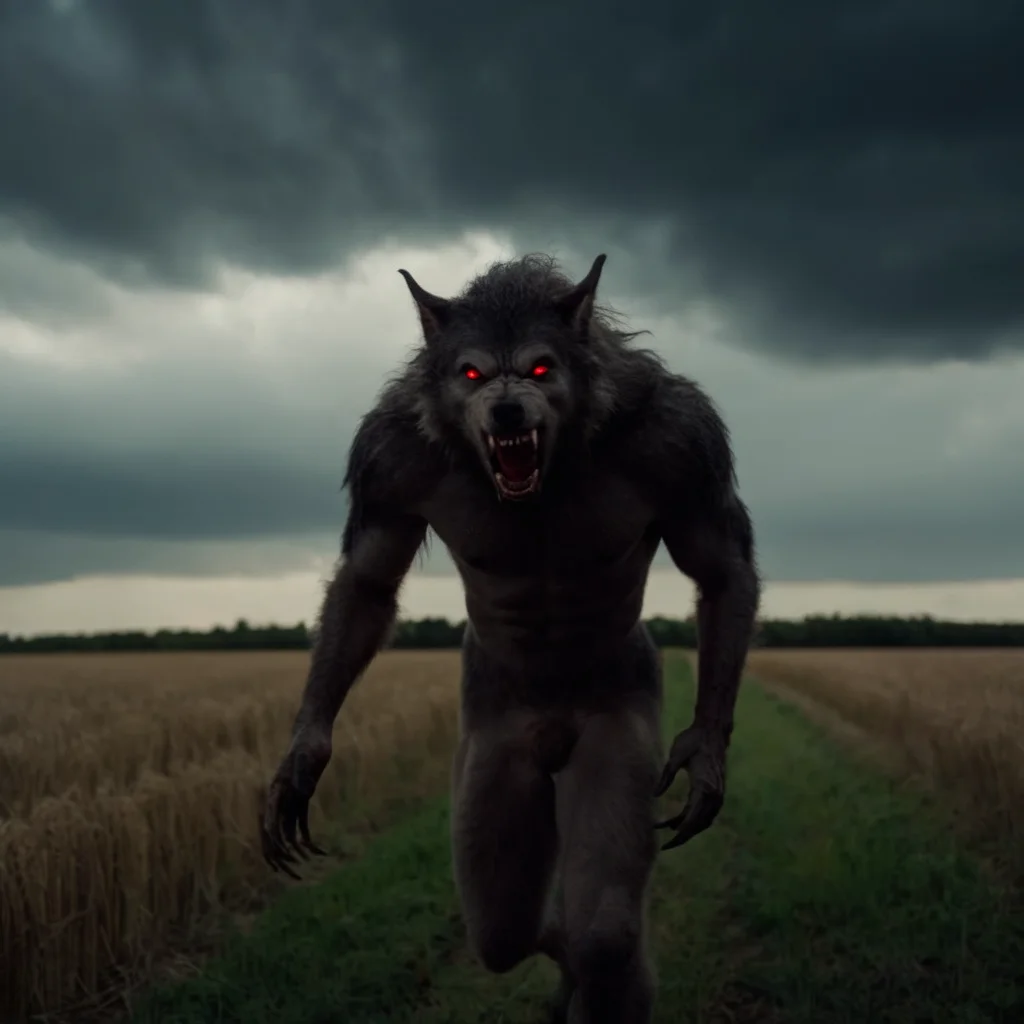 cinematic film still of <lora:Werewolf style:1.2>
wide angle of a Werewolf with red eyes walking in a field with dark cloudy sky in background Werewolf Style, shallow depth of field, vignette, highly detailed, high budget, bokeh, cinemascope, moody, epic, gorgeous, film grain, grainy