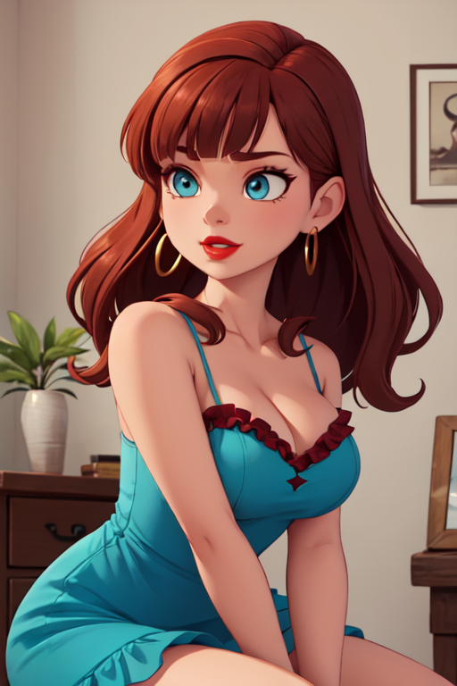 Diva, Average Height, Lean, Triangular Face, Fair Skin, Auburn Hair, Blue Eyes, Narrow Nose, Full Lips, Sharp Chin, Shoulder-Length Hair, Thick Hair, Blunt Bangs, firm breasts, Dangle earrings, red sheer lipstick, Teal Velvet Chemise with Ruffles , dancing, crouching