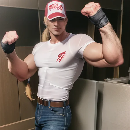 masterpiece, highquality, handsome face, TerryBogard, <lora:terryBKOF_1:1> (blonde ponytail), jacket, t-shirt, jeans, (red trucker cap), red sneaker, fighting pose <hypernet:samdoesartsHypernetwork_v422500Steps:0.058>
