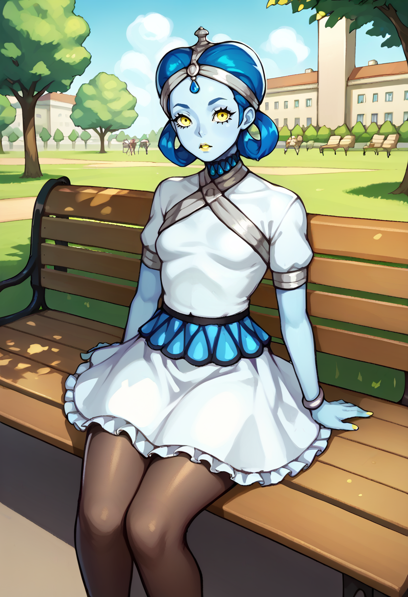 score_9, score_7_up, 1girl, sitting, looking at viewer, chestnut mouth, <lora:zs_ApsarasXL:1> apsarassmt, blue hair, short hair, hair rings, blue skin, yellow eyes, jewelry, frilled dress, pantyhose, short sleeves, outdoors, park, bench