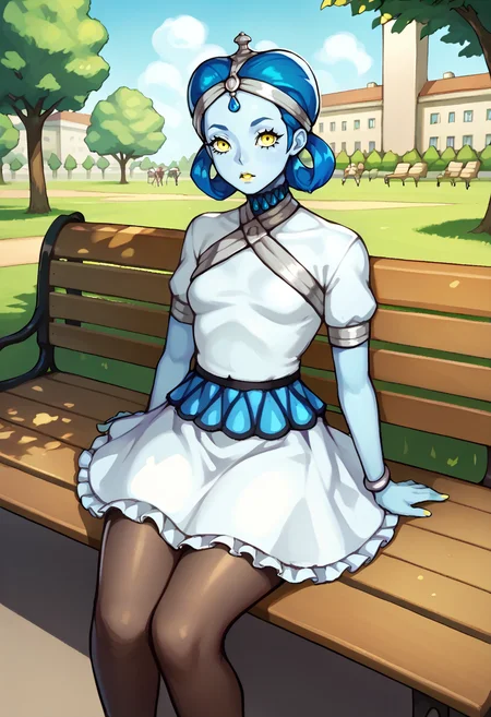 score_9, score_7_up, 1girl, sitting, looking at viewer, chestnut mouth, <lora:zs_ApsarasXL:1> apsarassmt, blue hair, short hair, hair rings, blue skin, yellow eyes, jewelry, frilled dress, pantyhose, short sleeves, outdoors, park, bench