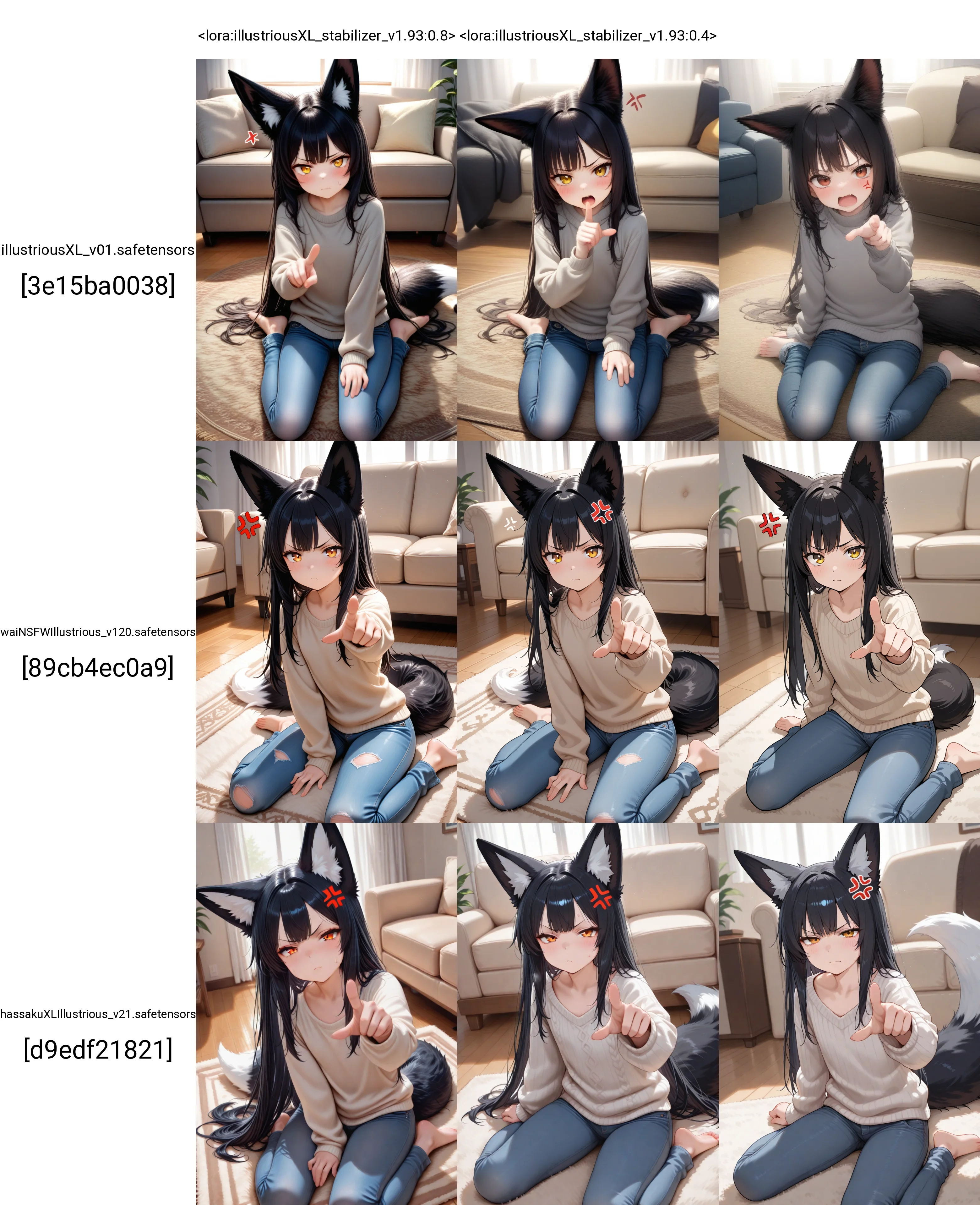 <lora:illustriousXL_stabilizer_v1.93:0.8>1girl,fox ears,black hair,long hair,fox tail,flat chest,anger vein,pointing at viewer,wariza,on floor,sweater,jeans,sunlight,living room,carpet,hand up,looking at viewer,masterpiece,