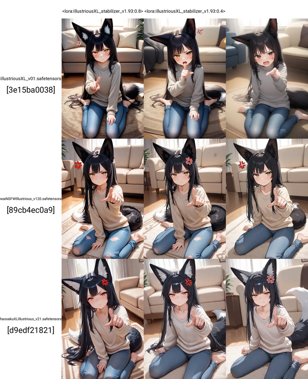 <lora:illustriousXL_stabilizer_v1.93:0.8>1girl,fox ears,black hair,long hair,fox tail,flat chest,anger vein,pointing at viewer,wariza,on floor,sweater,jeans,sunlight,living room,carpet,hand up,looking at viewer,masterpiece,