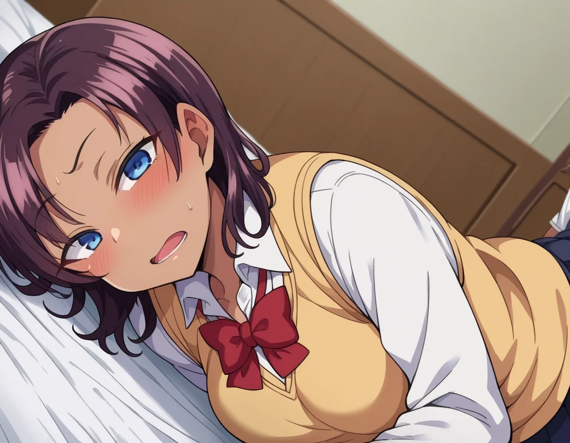 score_9, score_8_up, score_7_up, source_anime,
saehinata, <lora:sae-hinata-ponyxl-lora-nochekaiser:1>
sae hinata, blue eyes, purple hair, dark skin, dark-skinned female,
shirt, bow, school uniform, white shirt, collared shirt, bowtie, red bow, sweater vest, brown sweater,
indoors, bed, bed room, on side, blush, drunk,
looking at viewer, dutch angle, cowboy shot,