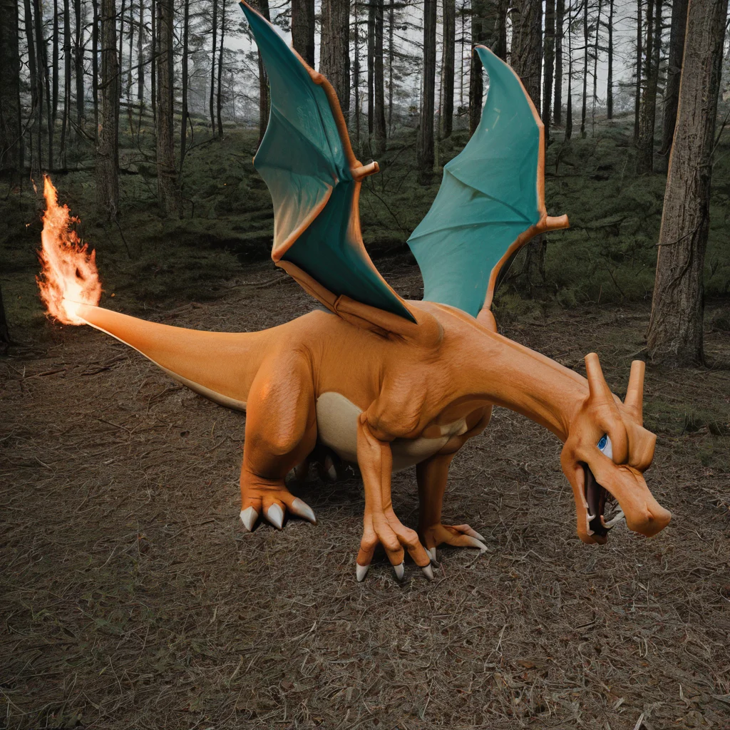 sfw, masterpiece, best quality,absurderes,photo,realistic,cinematic,source_photo,DLSR,full body,walking,outdoors,pokemon \(creature\), charizard, wings,tail,forest,open mouth,flame-tipped tail, <lora:Reallustrious_Beta:1>