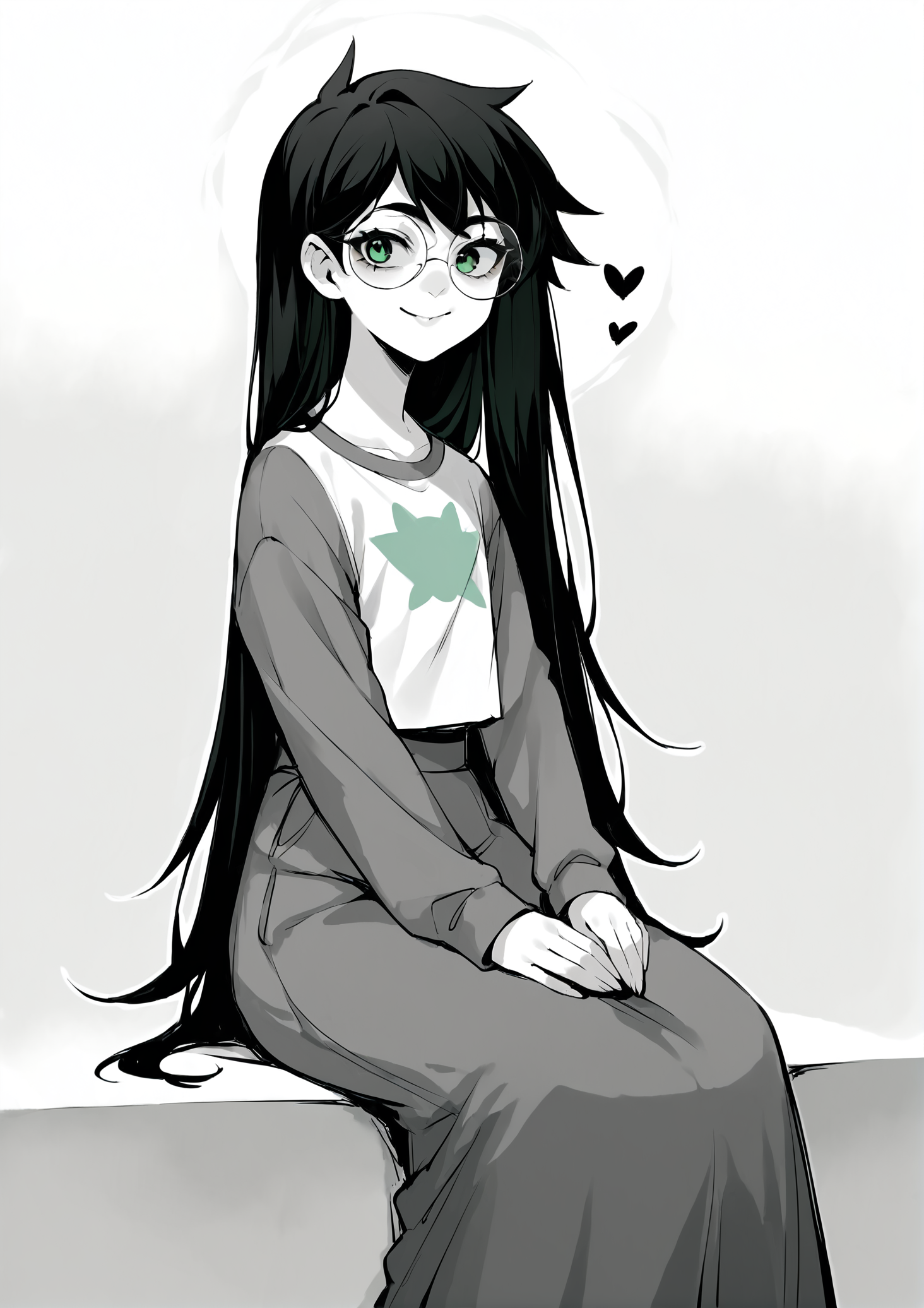 score_9, score_8_up, score_7_up, score_6_up, score_5_up, score_4_up, 2d, anime, anime artstyle, simple shadows, flat coloring, flat shadows, thick lines, white outline, jadeharleystart <lora:Jade_Harley_-_Homestuck__Variant_outfits_-_SDXL_Pony:0.9>, 1girl, solo, black hair, long hair, glasses, green eyes, smile, shirt, grey sleeves, long skirt, sitting, monochrome, white skin heart source_anime