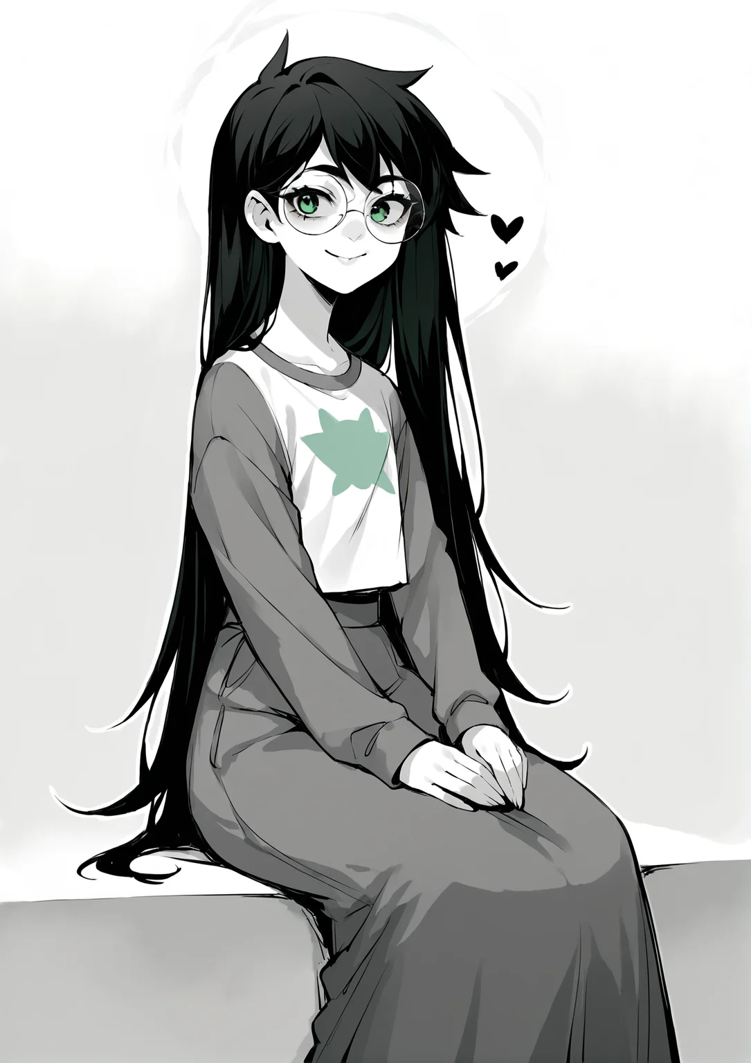 score_9, score_8_up, score_7_up, score_6_up, score_5_up, score_4_up, 2d, anime, anime artstyle, simple shadows, flat coloring, flat shadows, thick lines, white outline, jadeharleystart <lora:Jade_Harley_-_Homestuck__Variant_outfits_-_SDXL_Pony:0.9>, 1girl, solo, black hair, long hair, glasses, green eyes, smile, shirt, grey sleeves, long skirt, sitting, monochrome, white skin heart source_anime