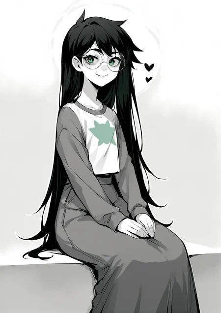 score_9, score_8_up, score_7_up, score_6_up, score_5_up, score_4_up, 2d, anime, anime artstyle, simple shadows, flat coloring, flat shadows, thick lines, white outline, jadeharleystart <lora:Jade_Harley_-_Homestuck__Variant_outfits_-_SDXL_Pony:0.9>, 1girl, solo, black hair, long hair, glasses, green eyes, smile, shirt, grey sleeves, long skirt, sitting, monochrome, white skin heart source_anime