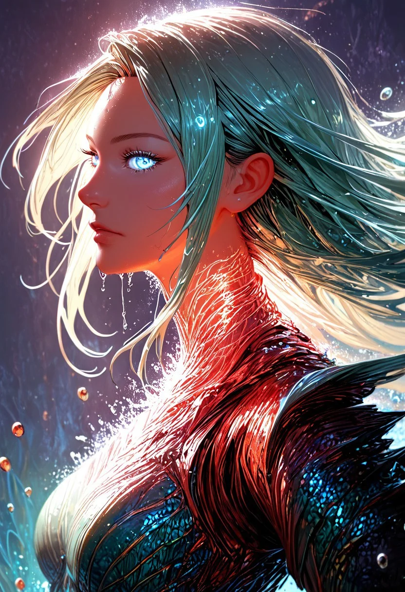 (score_9, score_8_up), score_7_up, zPDXL, solo, <lora:MythAnim3Style:0.8>, MythAn1m3, source_anime, 1girl, mermaid, dark mysterious backgroud, Iridescent eyes, aquatic scene, dreamlike atmosphere, mystical, ethereal light, detailed textures, whimsical, rippling, dripping, water element, very long cascading hair, water, very beautiful, sexy, sexy body, beautiful body, scales, wet body, Iridescent scales, bubbles, water drops, Iridescent skin, multi colored eyes, partially underwater shot, watce, bioluminescent skin, bioluminescent, glowing, bioluminescent scales, bioluminescent hair, FastNegativeV2, laser light clothes, submerged breast, water line on lense, view from under water, light hair