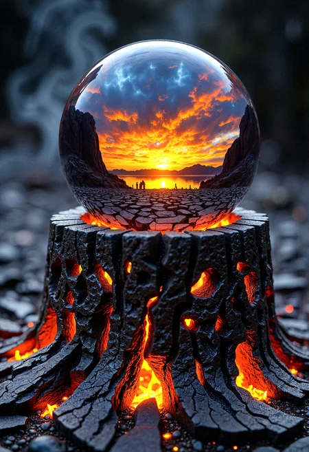 "A hyperrealistic close-up shot of a crystal ball resting on a weathered, blackened pedestal carved with intricate runes glowing faintly in amber. Inside the crystal ball, a swirling flame burns eternally, its vibrant hues shifting between orange, gold, and blue, as though alive and suspended in time. The reflection on the ball shows a desolate, ash-covered landscape with a single distant, jagged mountain peak beneath a crimson and stormy sky. Around the pedestal, scattered embers glow softly, casting warm light on the cracked and textured ground. The background fades into a smoky haze, with subtle flickers of firelight illuminating the swirling smoke patterns. The lighting is dramatic, with intense highlights on the crystal ball and deep, shadowy contrasts around the edges, creating a powerful, moody atmosphere. Hyperdetailed textures, glowing ember effects, and intricate reflections bring the fiery core and surrounding environment to life."
 <lora:FluxDFaeTasticDetails:0.2> <lora:aidmaHyperrealism-FLUX-v0.3:0.8>