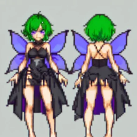 gothic, anime, evil fairy,a short ripped dress, red nails, long light green hair, evil face, fairy, dark fantasy, fairy wings with a poisonous pattern, small boobs, simples background, purple eyes, barefoots, gbaportrait, model sheet, chara-sheet