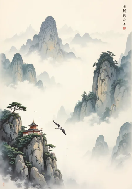 A refined shanshui painting depicting the ethereal connection between heaven and earth through divine mist. Masterful ink wash technique on aged rice paper, portraying towering karst mountains emerging from swirling clouds, rendered with confident dry brush strokes and delicate wet ink gradations. A solitary crane glides between peaks, symbolizing longevity and transcendence. Middle distance reveals a small Taoist temple nestled on a cliff, with minute architectural details executed in precise gongbi style. Verdant pine trees cling to precipitous slopes, their resilience embodying Taoist principles of natural harmony. The composition balances dramatic vertical elements with tranquil horizontal planes of mist, creating rhythmic movement throughout the scroll. Subtle mineral pigments in muted greens and blues enhance the monochromatic ink palette. The work embodies the Song Dynasty aesthetic philosophy of capturing spirit resonance (qiyun) rather than mere visual resemblance, inviting contemplation of the Taoist concept of emptiness and fullness. <lora:ç»ªå¿ CG飿»¤éFLUX:0.3> <lora:aidmaFLUXPro1.1-FLUX-v0.3:0.4> <lora:sxz-Dark-Fantasy-v2-Flux:0.4> <lora:zyd232_Ink_Style_Flux1D_v1_1:0.3> <lora:Anime realistic V1:0.4> <lora:flux_dev:1>