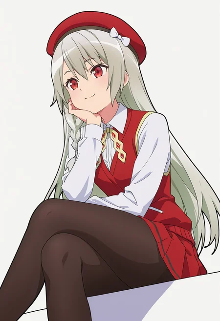 Smooth Quality,masterpiece,very intricate, high quality details, ultra realistic, high detailed skin,detailed enviorement,absurdres,
Hand on own ear,
<lora:Ange_Maidena_CNR:0.8> ange_cnr, 1girl, grey hair, red eyes, long hair,
red_cnr,single braid, side braid,white shirt, red vest, school uniform, red skirt, pleated skirt,black pantyhose, beret, red hat,white bow, bowtie,, simple background, white background, from below,
sitting pose, legs crossed, one hand resting on chin, playful smile, relaxed shoulders, ,, d:,