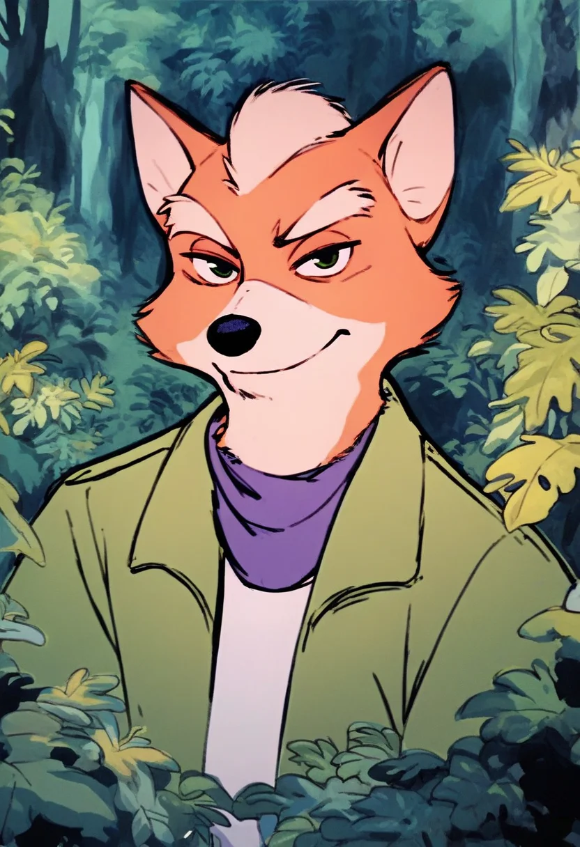 (robinhood:0.7) fox mccloud, in forest, looking at viewer <lora:robinhood-v2-ponyv6xl:1>, score_9, score_8_up, score_7_up, score_6_up, score_5_up, score_4_up