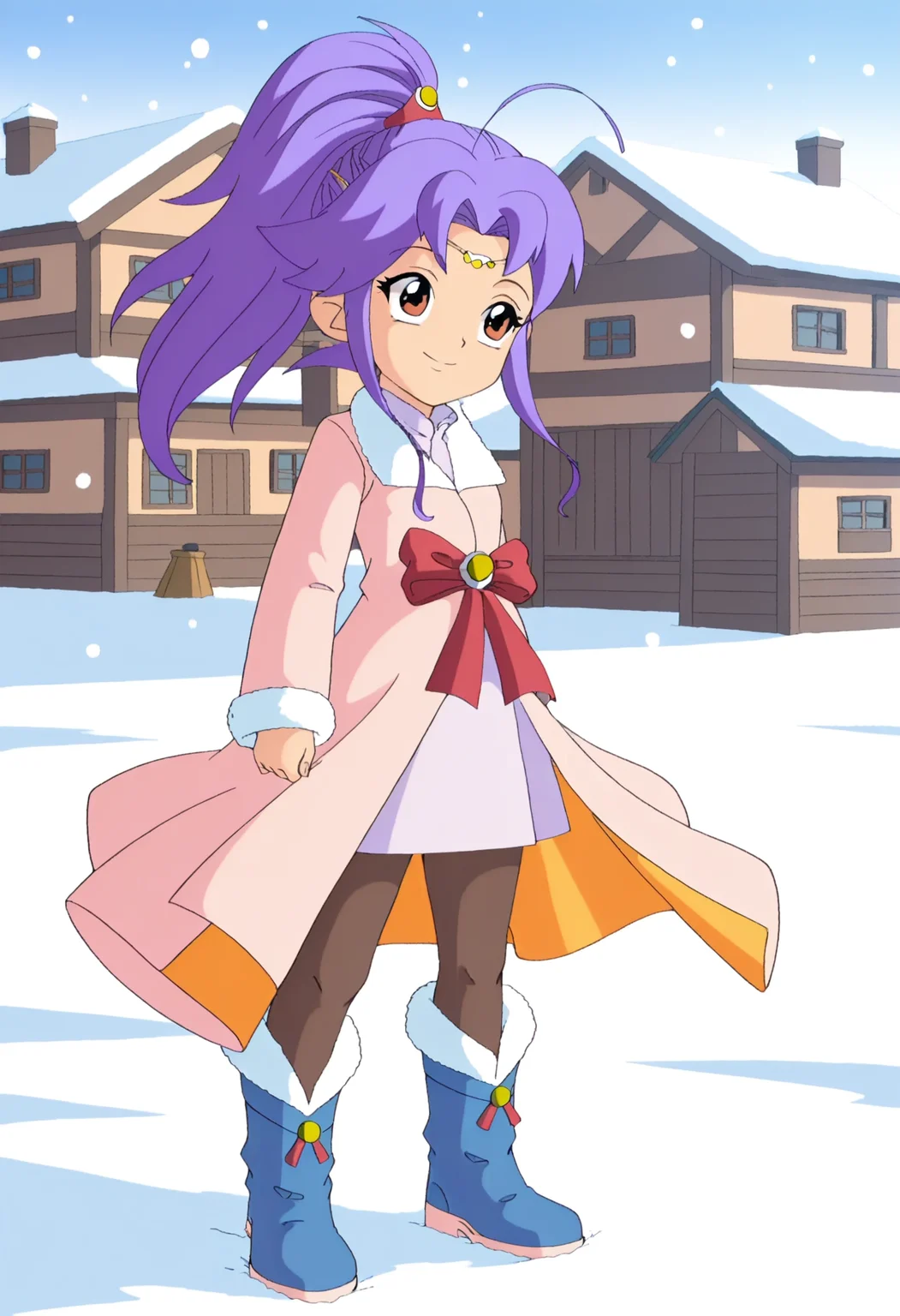 <lora:åå¥éª1:1>,
axue1,1girl,solo,long hair,smile,bow,brown eyes,coat,full body,ponytail,purple hair,ahoge,pantyhose,sidelocks,boots,fur trim,high ponytail,blue footwear,village,snow,snowing,, masterpiece,best quality,amazing quality,anime coloring,anime screencap