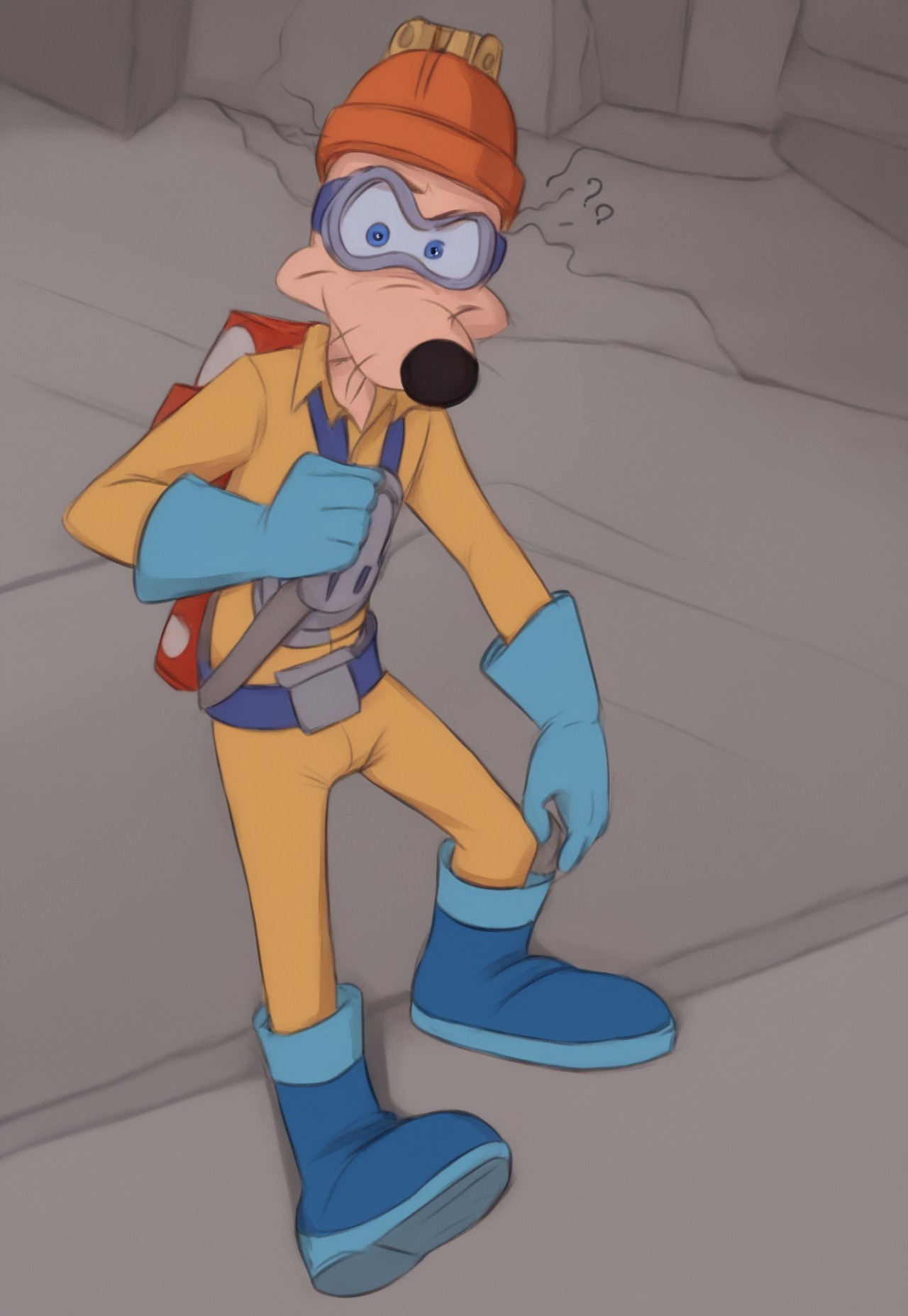 <lora:megavolt:1>, 1boy, orange helmet, yellow jumpsuit, blue gloves, blue boots, red battery on back, looking at viewer, confused