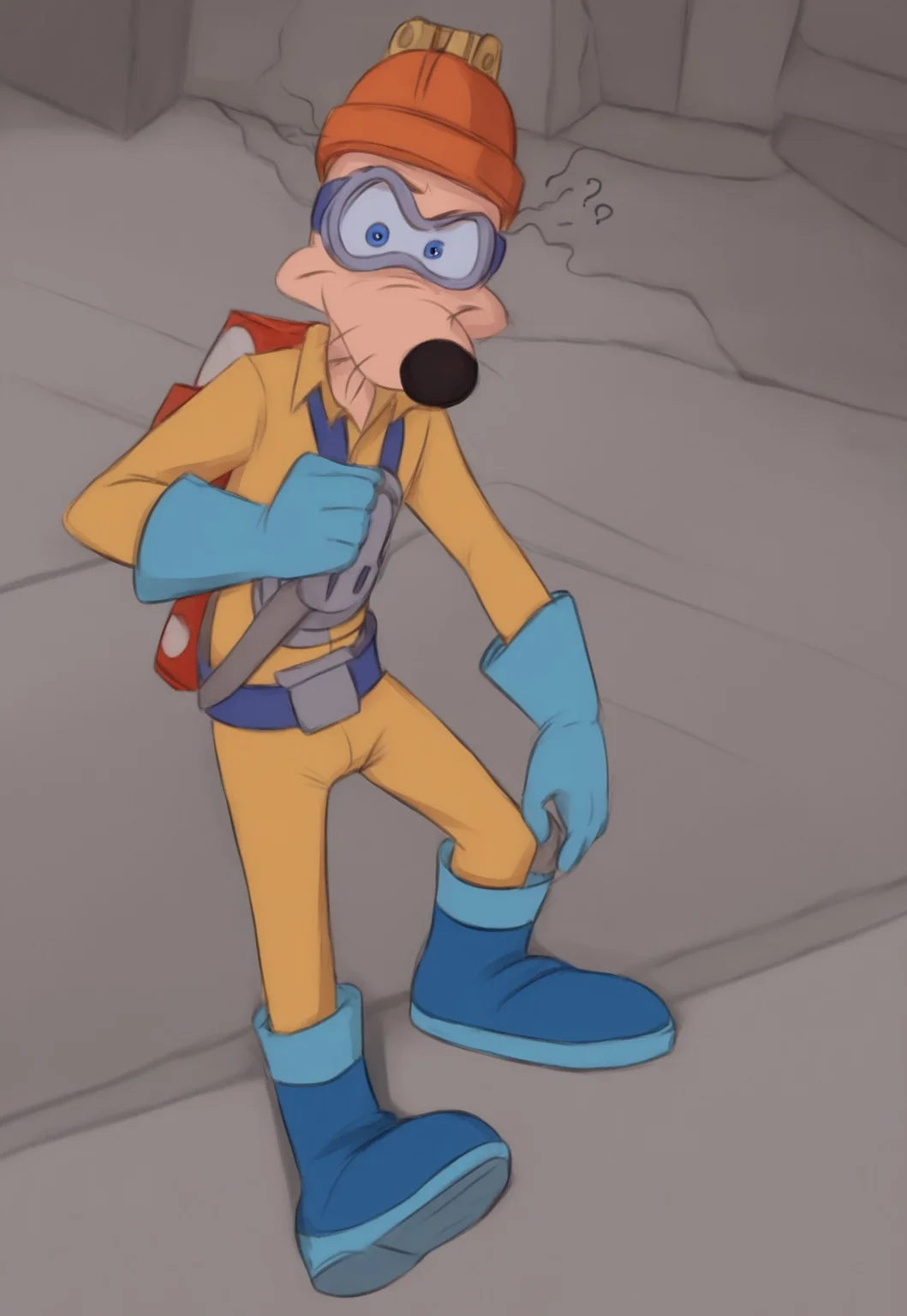 <lora:megavolt:1>, 1boy, orange helmet, yellow jumpsuit, blue gloves, blue boots, red battery on back, looking at viewer, confused