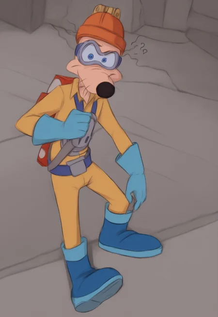 <lora:megavolt:1>, 1boy, orange helmet, yellow jumpsuit, blue gloves, blue boots, red battery on back, looking at viewer, confused