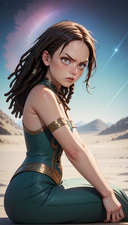 score_9, score_8_up, score_7_up,masterpiece,best quality,high quality,rating_safe,sfw,anime artwork,cinematic,very aesthetic,natural lighting,3d cartoon, 1girl french,hazel eyes,solo, (((young adult)),older),Sitting cross-legged on the floor,fear face expression, angry,anger vein, long brown hair, Dreadlocks hairstyle,activewear,small breasts, detailed skin,intricate skin details, freckles:1.5, from side, lower body, starry background, silhouetted against the bright sky, detail shadow, detailed skin texture, natural skin, clean skin pores, highly detailed iris, highly detailed skin texture, perfect eyes, ,intricate details,extremely detailed, highly detailed, detailed,absurdres,Hires