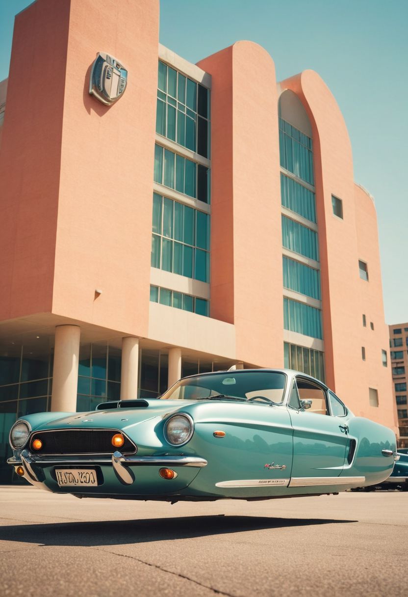 (low angle shot:1.4), an editorial photo of a 1960s (Mustang:0.6) and (Porsche:0.8) style Hovering_Car parked in front of a neo-futurist style building, highly detailed, retro futurism, clean lines, fine art photography, award winning photography, film grain,
