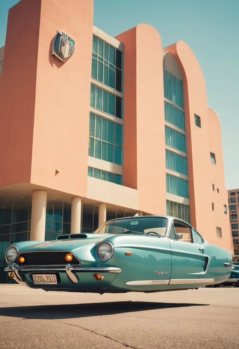 (low angle shot:1.4), an editorial photo of a 1960s (Mustang:0.6) and (Porsche:0.8) style Hovering_Car parked in front of a neo-futurist style building, highly detailed, retro futurism, clean lines, fine art photography, award winning photography, film grain,