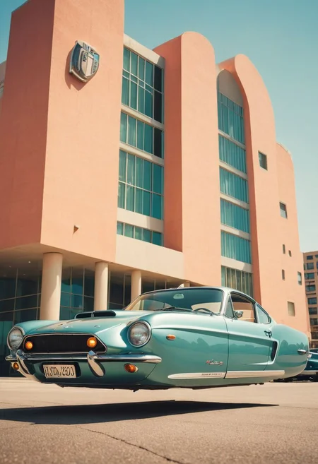 (low angle shot:1.4), an editorial photo of a 1960s (Mustang:0.6) and (Porsche:0.8) style Hovering_Car parked in front of a neo-futurist style building, highly detailed, retro futurism, clean lines, fine art photography, award winning photography, film grain,