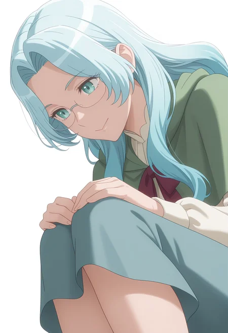 Smooth Quality,masterpiece, ultra realistic,
simple background, white background,
dynamic angle,:>,hand on own knee ,
<lora:EvaLuria:0.8> Eva/Cnn, Sist2/Cnn, 1girl, glasses, long hair, blue hair,green capelet,glasses,