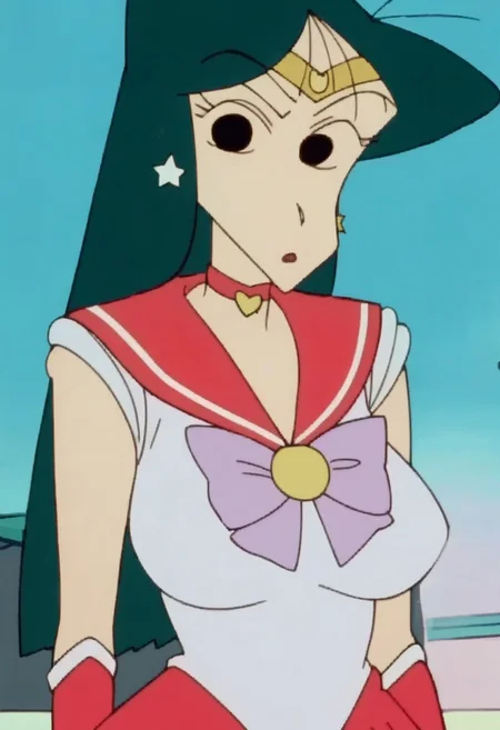 score_9, score8_up, score7_up, source_anime, anime screencap, matsuzaka ume, green hair, black eye, large breasts, sailor senshi uniform, sailor mars, sailor collar, purple bow, earrings, red sailor collar, choker, jewelry, bow, solo, star earrings, long hair, magical girl, cosplay, star \(symbol\), transparent background, circlet, crescent, star choker, tiara,