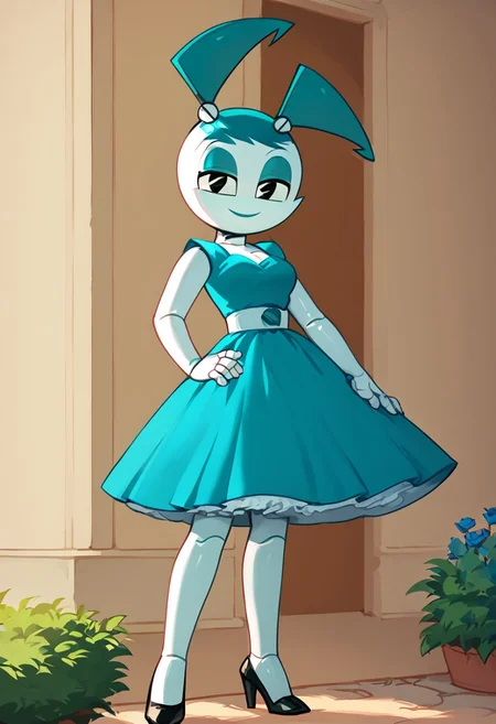 (Masterpiece, best quality:1.2), score_9, score_8_up, flat color, flat shading, soft shading, lighting, Jenny Wakeman as an adult, in a 1950's full length formal blue skirt, a white belt, button down v-neck formal black top, a fluffy frilly ruffled full white petticoat, and black high heels, dress, layered petticoat, frilly petticoat, fluffy petticoat, full petticoat, detailed petticoat ((wide skirt, detailed outfit, flowing skirt, long skirt, solid blue colored skirt, black high heels)), blue hair, series accurate, cute, best high quality, high res, robot, humanoid robot, medium breasts, whole body shot, 1girl, ((solo, outside, in a garden, standing, posing, looking at you, low angle)), cute, seductive, seductive smile, half lidded eyes, low angle shot, cartoon, cartoon style, vector, solo, circle dress, 1950s, whisperfoot_style, dance dress jenny, jenny wakeman, 1girl, solo, robot joints, black eyes, white skin, ponytail, hair bow, blue rose chest corsage, poofy dress, blue hair, flat lighting