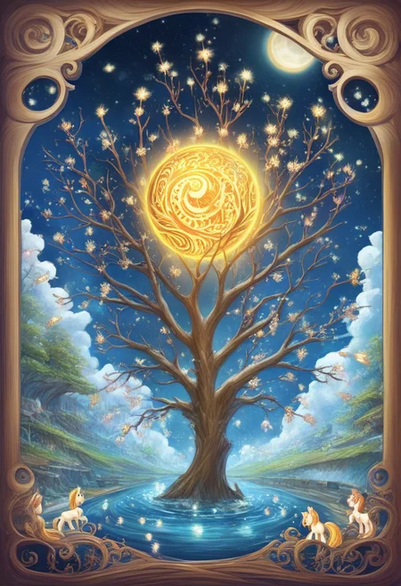 PUPPET,
This artwork portrays a stunning blend of traditional and fantastical elements. At the center is a gnarled unicorn , its twisted trunk radiating energy as it merges into swirling streams of vibrant colors—red, blue, and white. These swirling forms evoke the essence of wind and water, intertwining around the tree in a dynamic flow. The background features aged parchment-like paper, with vertical rows of intricate calligraphy in a classical Asian script, giving the piece a historical, cultural depth. The glowing moon illuminates the scene with a soft, ethereal light, creating a mystical ambiance. Butterflies and delicate clouds further enhance the surreal quality of the composition.