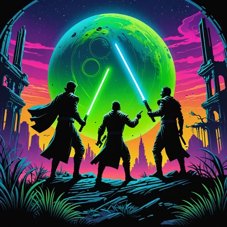 a man and a man, jedi clashing lightsabers on a science fiction exoplanet with ruined buildings, silhouette, vibrant neon colors blue, green, vegetation, illustration, cartoon, highly detailed, high quality,