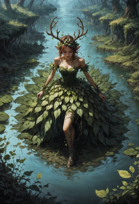 score_9, score_8_up, score_7_up, masterpiece, intricate, detailed, ornate, vibrant colors, BREAK, fantasy, from above, BREAK, faun, antlers, wrenchleafloom, dress, leaf, <lora:wrenchleafloompdxl:1>, BREAK, pond, ivy, moss, bushes, <lora:Fant5yP0ny:0.8> <lora:Concept Art Twilight Style SDXL_LoRA_Pony Diffusion V6 XL:0.8> Concept Art, <lora:Expressive_H:0.8> expressiveh, <lora:sinfully_stylish_SDKL:1>
