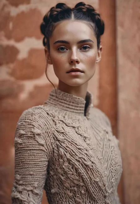 Terracotta Girl in knitted wedding dress, DARK Hairbun, Freckles, dystopian Sci-fi, as wing commander