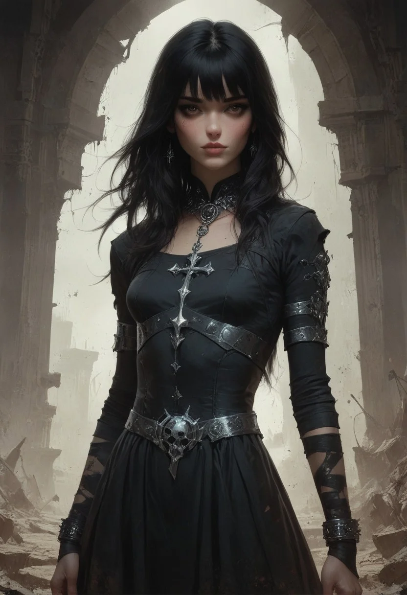 score_9, score_8_up, score_7_up, score_6_up, 1 woman, goth, 80s, age 18, cute, petite, extremely detailed, high quality, realistic, beautiful brown eyes, Extra small breasts, black dress , thick open hair with bangs, dark theme, low light, from hip up, barren landscape with ruins, (masterpiece, best quality, highly detailed, realistic), muted colors,