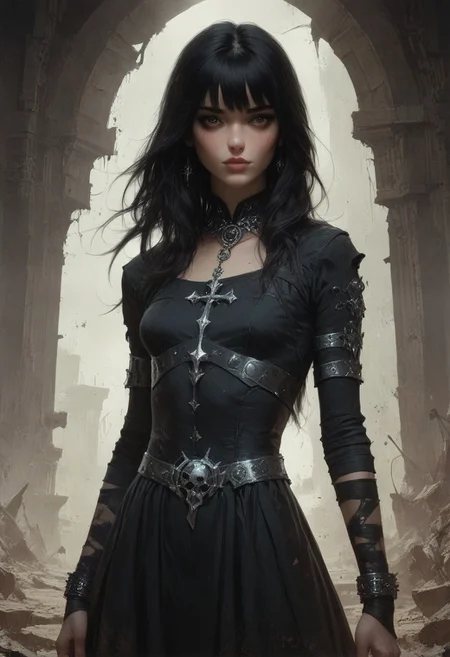 score_9, score_8_up, score_7_up, score_6_up, 1 woman, goth, 80s, age 18, cute, petite, extremely detailed, high quality, realistic, beautiful brown eyes, Extra small breasts, black dress , thick open hair with bangs, dark theme, low light, from hip up, barren landscape with ruins, (masterpiece, best quality, highly detailed, realistic), muted colors,