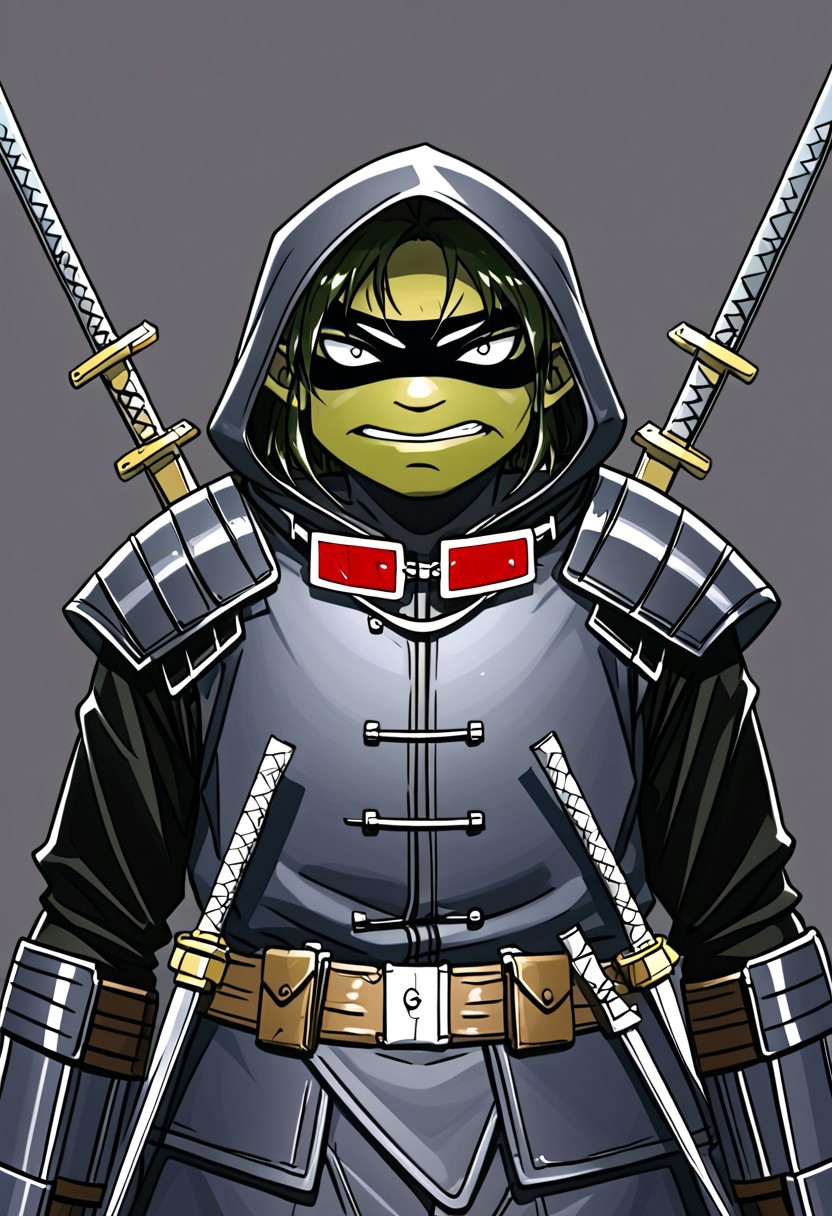 masterpiece, best quality, amazing quality, very aesthetic, high resolution, ultra-detailed, absurdres, newest, Lofi anime style, soft anime art, kawaii elf, Painted anime illustration, tmnt the last ronin, the last ronin, tmnt, hood, sai, swords, nunchaku, ninja turtle, bo staff, ninja armor